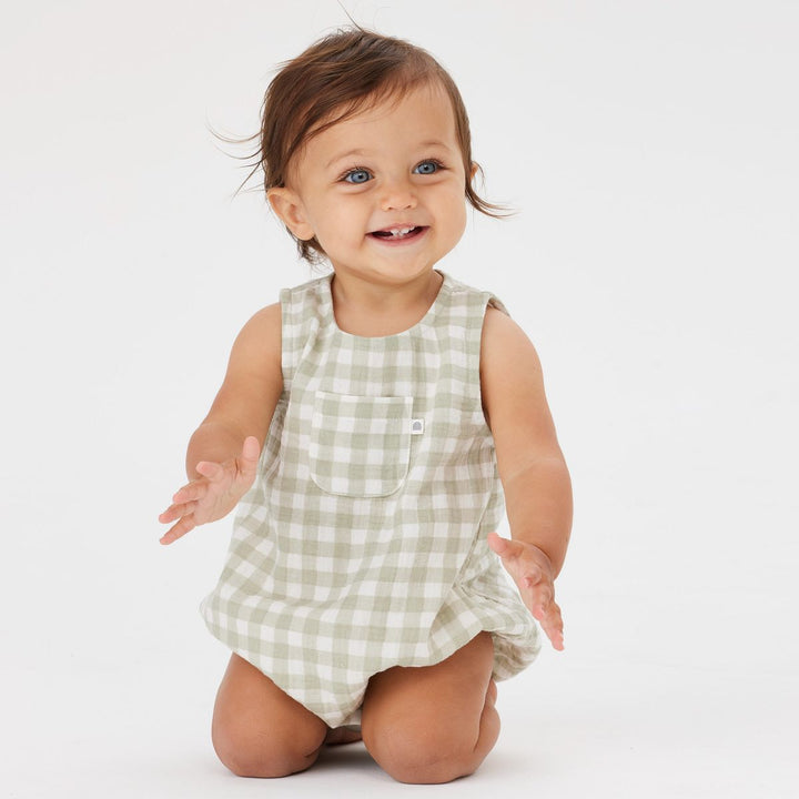 Romper | Sleeveless - Sage Gingham