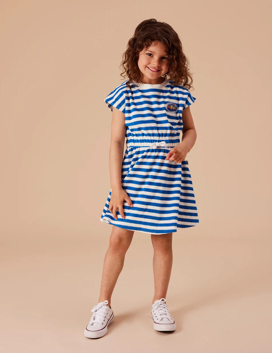 Dress | Terry Towelling Little Fishy - Azure Stripe