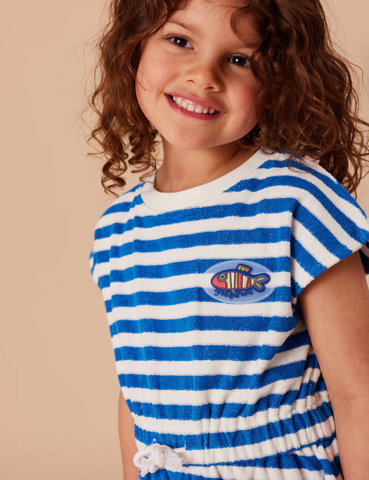 Dress | Terry Towelling Little Fishy - Azure Stripe