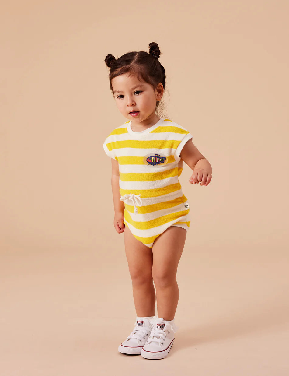 Romper | Terry Towelling Little Fishy - Lemon Stripe