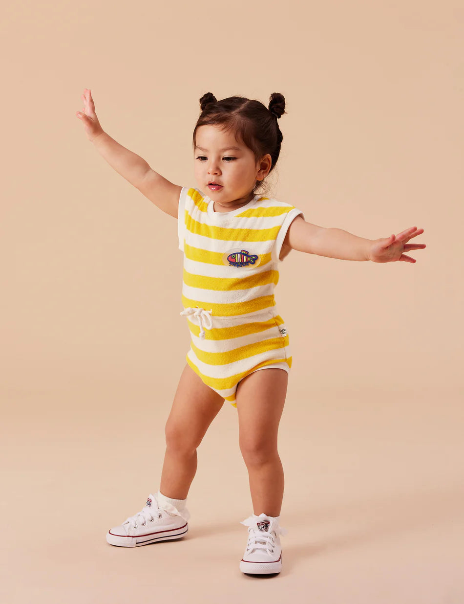 Romper | Terry Towelling Little Fishy - Lemon Stripe