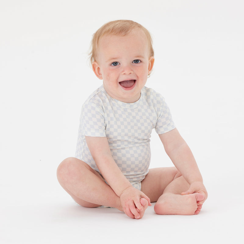 Bodysuit | Short Sleeve - Sky Blue Grid