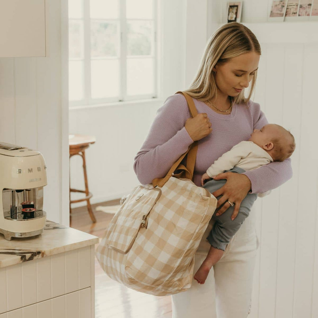 Fold-Up Tote - Beige Gingham