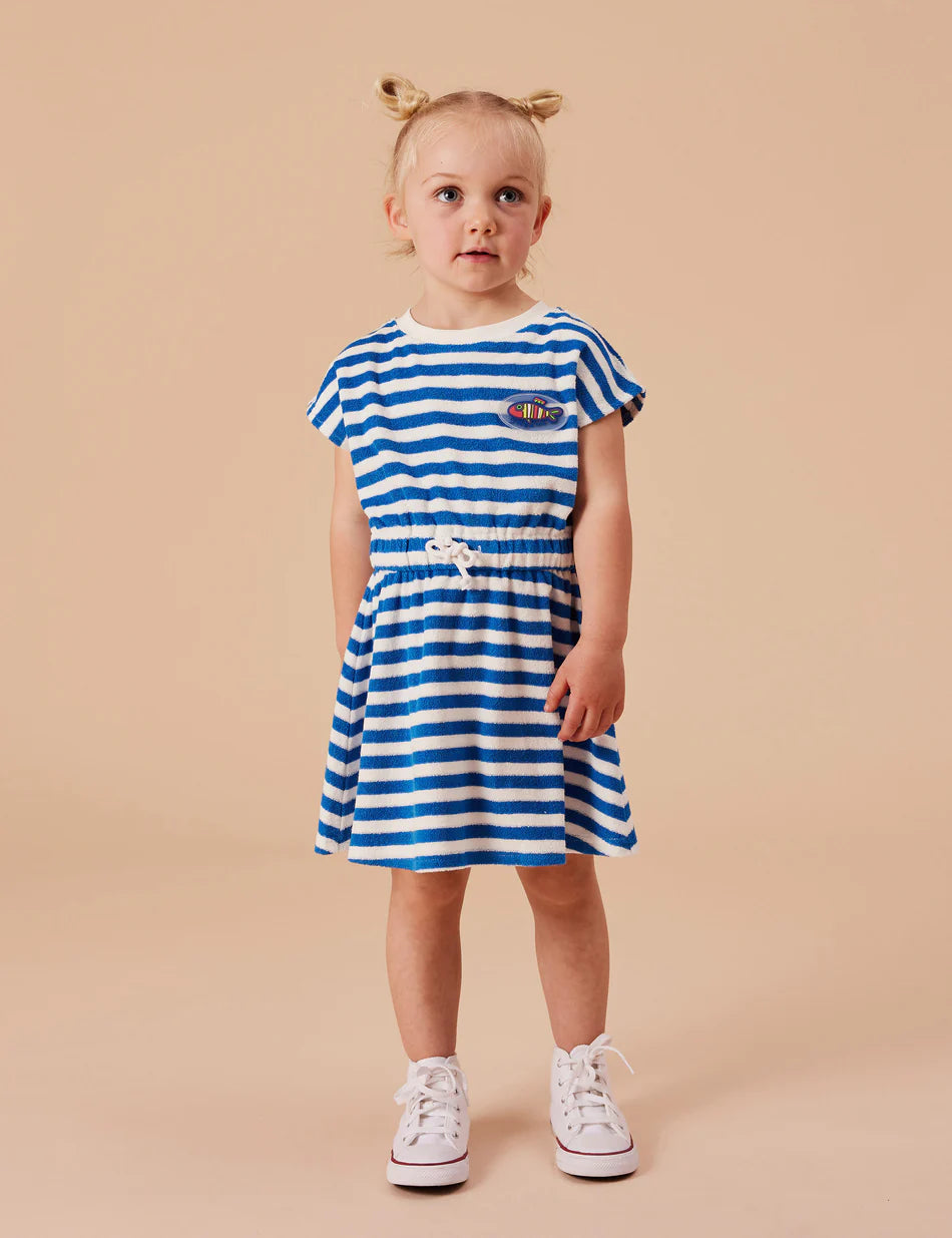 Dress | Terry Towelling Little Fishy - Azure Stripe